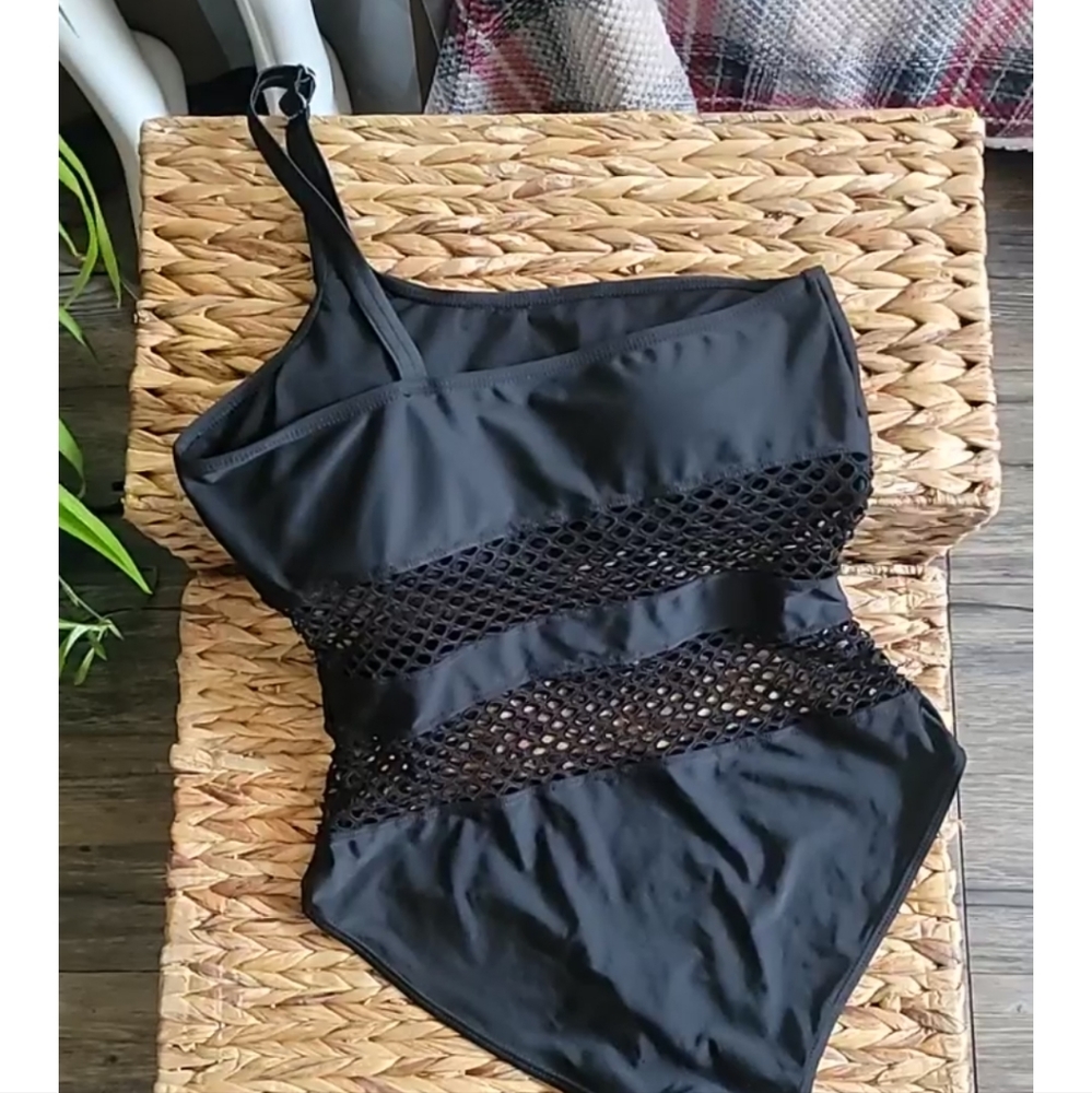 Ralph Lauren's Black Mesh One Shoulder One Piece Swimsuit - Xl